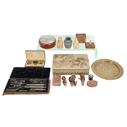 689 - Miscellaneous 19th c and later bygones, to include copper snuff box, engraved brass dish, carved and... 