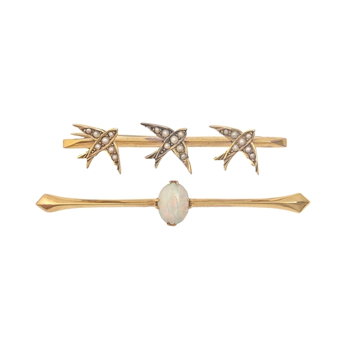 69 - A split-pearl swallows bar brooch and an opal bar brooch, both in gold with gold pin, 44mm and 54mm ... 