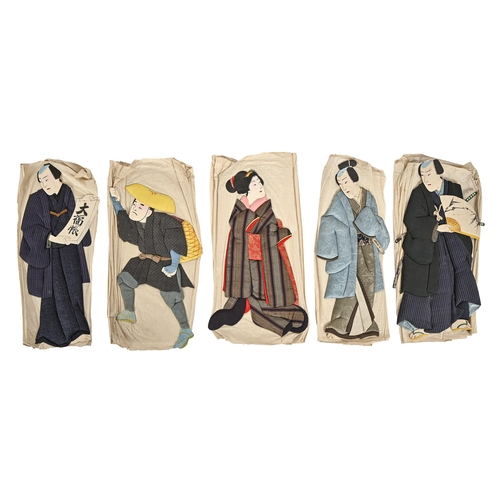 692 - A set of five Japanese figural textile and card appliqués, Meiji period, 19th c, worked ... 