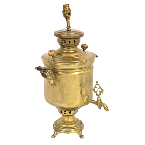 697 - A brass samovar, early 20th c, with twin turned wood handles, adapted as a table lamp, 41cm h... 