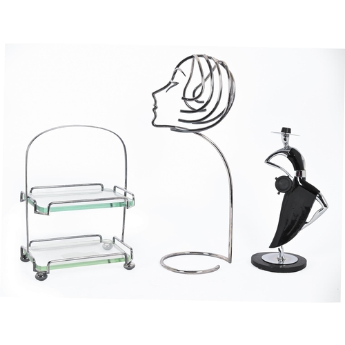 698 - An art deco style chrome tubular hat stand, in the form of   a lady, 46cm h, a mid century EPNS two-... 