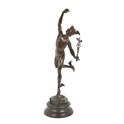 699 - A bronze sculpture of Mercury, late 19th c, after Giambologna, on slate base and ebonised socle, eve... 