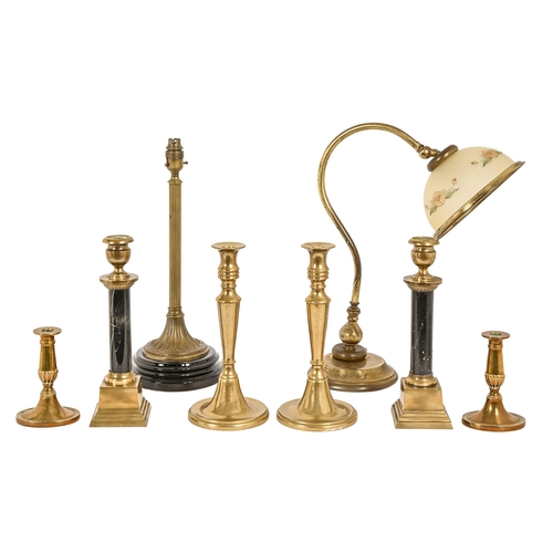 701 - Three pairs of brass candlesticks, early 20th c and later, 31cm h and smaller, a brass Corinthian co... 