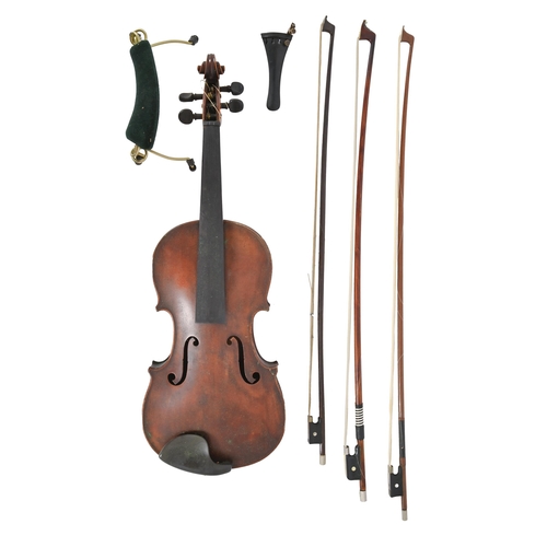 704 - A cased violin, mid 20th c, and three contemporary bows, one marked Golden Strad, Made in England... 