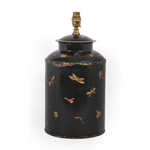 707 - A Victorian black and gilt japanned tea canister and cover, decorated with insects, adapted as a lam... 