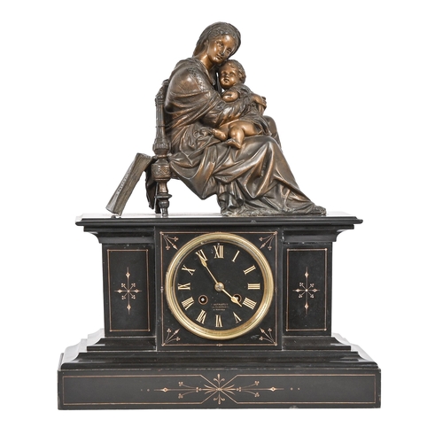 715 - A Belgian slate mantle clock, mounted with a spelter figural group of mother and child, the dial ins... 