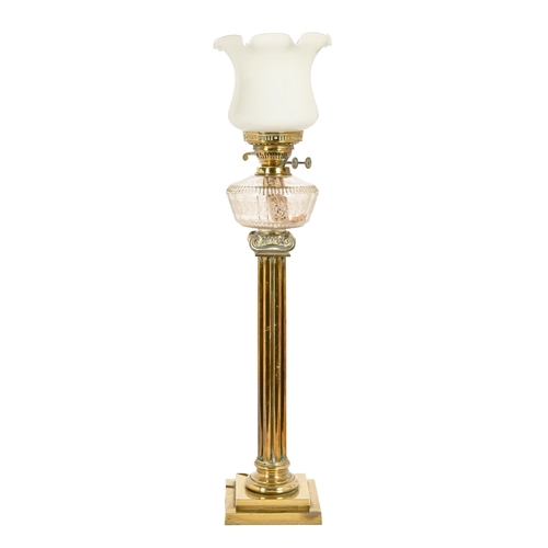 718 - A Victorian brass oil lamp, on reeded column, cut and etched glass font, converted to electricity, 6... 