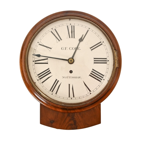 723 - An early 20th c mahogany drop case wall timepiece, with painted dial and fusee movement, both inscri... 