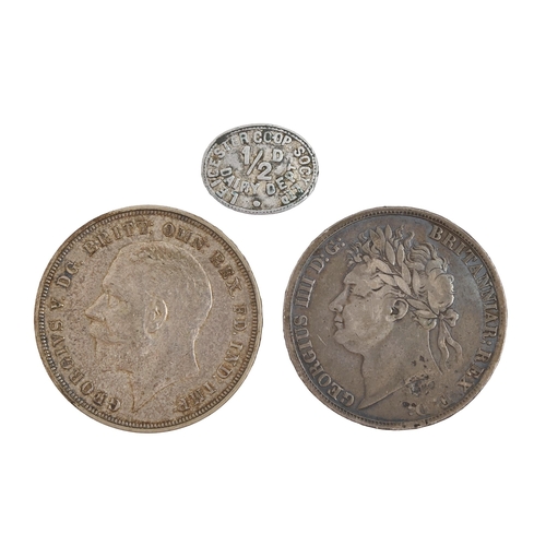 729 - Coins. A George IV silver Crown 1821, a George V Crown 1935 and a Leicester Co-op Society 1/2d dairy... 