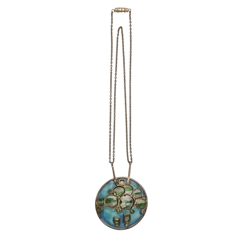 73 - Artist jewellery. A Scottish silver and translucent enamel pendant, 49mm diam, by Alistair Norman Gr... 