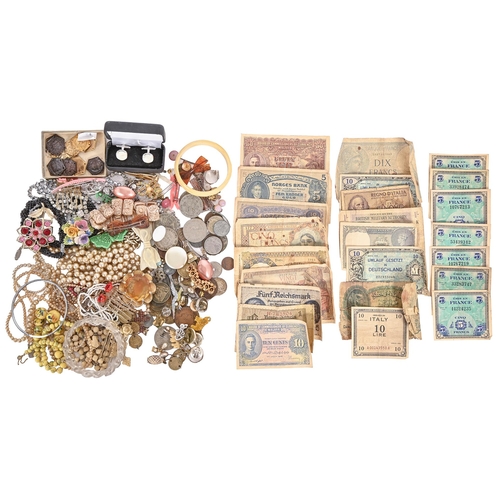 735 - Miscellaneous British pre-decimal and other coins, bank notes and costume jewellery, etc... 