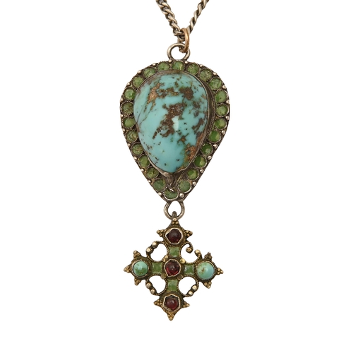 74 - An Arts & Crafts turquoise matrix, paste and silver and green enamel pendant, early 20th c, 61mm... 