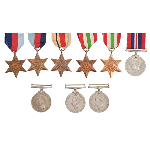 748 - WWII, 1939-1945 Star, Africa Star, Italy Star (2) 1939-145 Star, Defense Medal and War Medal (3) (9)... 