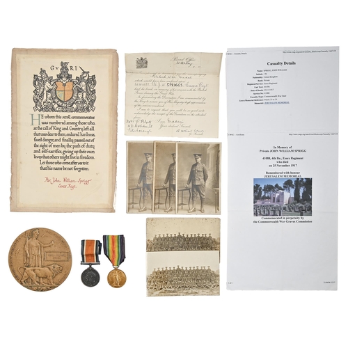 758 - WWI memorial plaque and scroll, 23740 Pte J W Sprigg Norf R Private John William Sprigg Essex Regt o... 