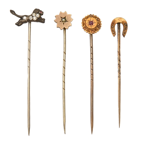 76 - Three stick pins with gold terminal, late 19th c and one other, head of gypsy-set example 10mm diam ... 