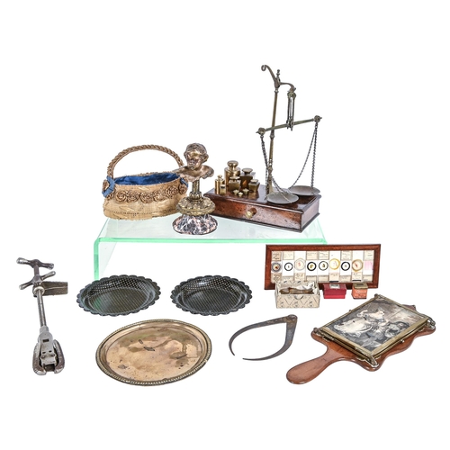 763 - Miscellaneous Victorian and later bygones, including brass apothecary scales on walnut base, brass m... 