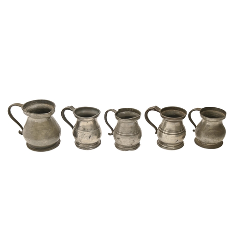 777 - Five English pewter baluster OEWS measures, pint and quart