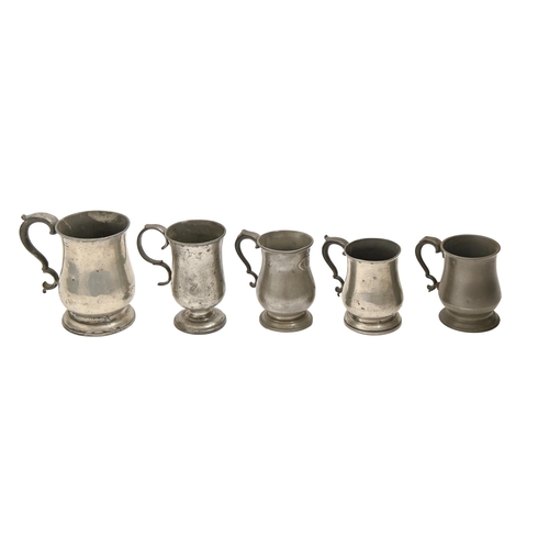 778 - Five English pewter baluster OEAS measures and mugs, early and mid 19th c, pint and quart, various m... 