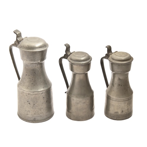 782 - Three Scottish pewter tappit hens early 19th c,  comprising Scots pint and two mutchkins, uncrested,... 