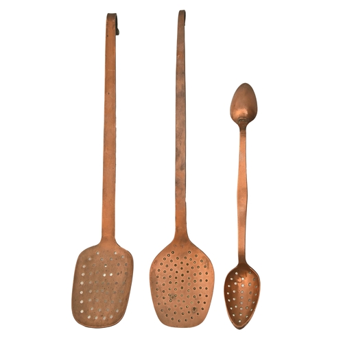 794 - Two copper culinary skimmers and a ladle, 19th c, 46cm l and shorter