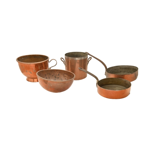 797 - Two graduated copper cooking pans, with iron handle, a contemporary Victorian cylindrical  exam... 