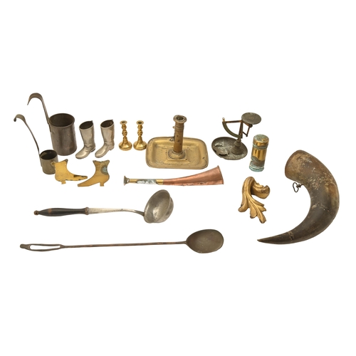 798 - Miscellaneous Victorian brass and other metalware, to include a copper culinary ladle, another, tin ... 