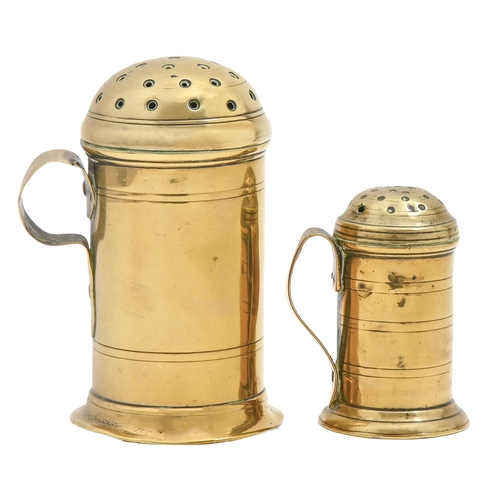 818 - Two English brass flour, salt or pepper shakers and covers,  75 and 110mm h