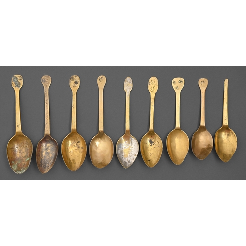 819 - Nine French brass spoons, Normandy, late 18th - early 19th c