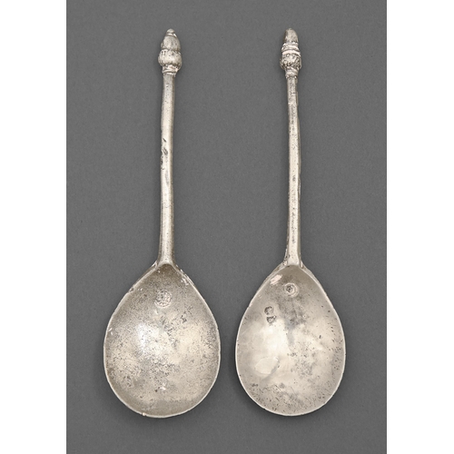 825 - Two pewter spoons, early 17th c, with acorn terminal, maker's marks