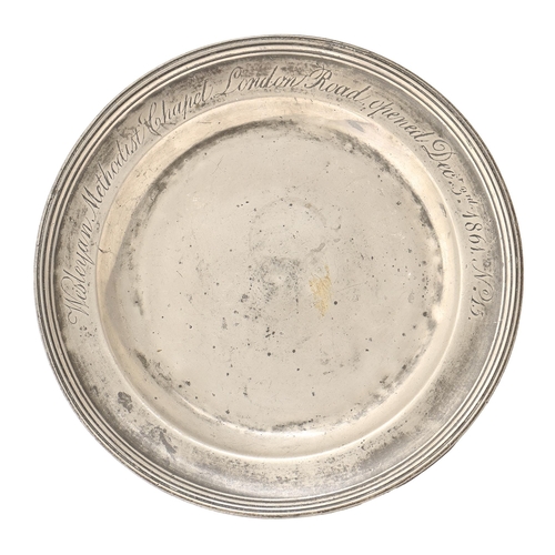 837 - An English pewter alms plate, engraved Wesleyan Methodist Chapel London Road Opened December 3rd 186... 