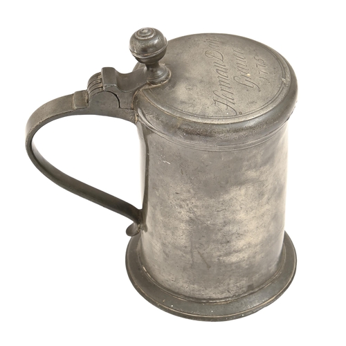 841 - A German pewter tankard, 18th c, with ball thumbpiece, the lid engraved Heman Daniel Grave... 