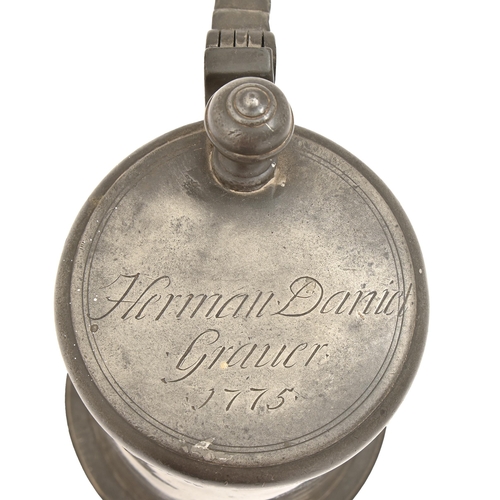 841 - A German pewter tankard, 18th c, with ball thumbpiece, the lid engraved Heman Daniel Grave... 