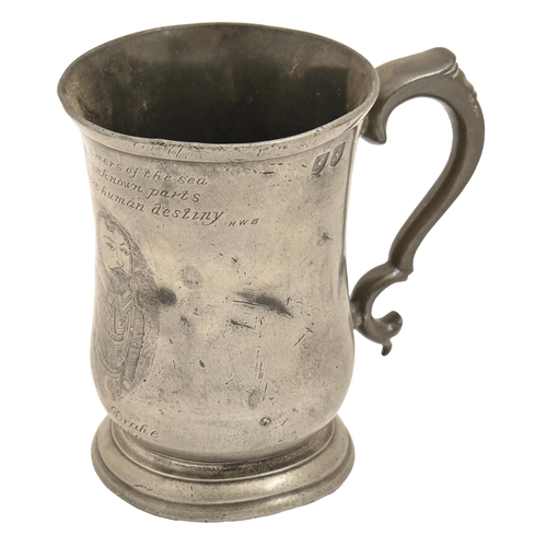 842 - An English pewter baluster mug, 19th c, engraved with an oval portrait of Sir Francis Drake and... 