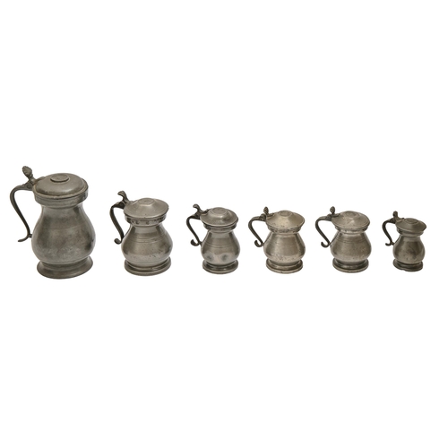 848 - Six Scottish pewter pear shaped or baluster measures, early 19th c and later, imperial two pint... 