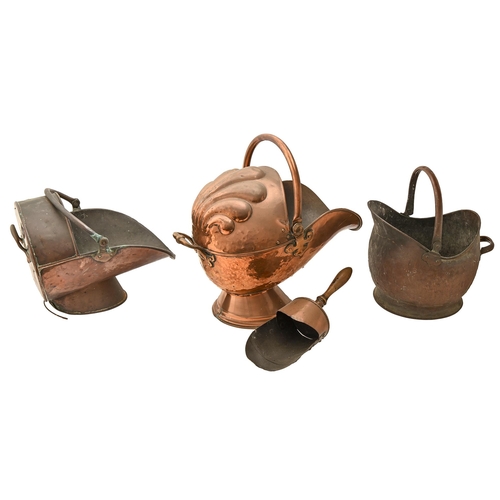 852 - Three Victorian or Edwardian brass copper coal scuttles,  various sizes and a shovel (4)... 