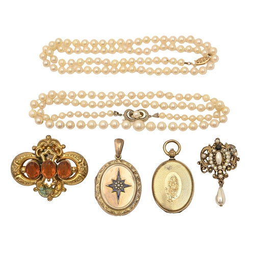 85A - Two Victorian lockets and a contemporary citrine brooch, two cultured pearl necklaces each with gold... 