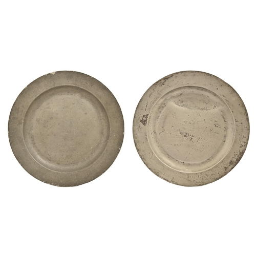 860 - Two English pewter chargers, late 18th c, one marked on rim HSB11, both with maker's marks, 55cm dia... 