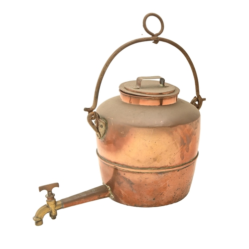 862 - An English copper boiling pan and cover with brass tap, mid 19th c,  wrought iron handle, 63cm ... 