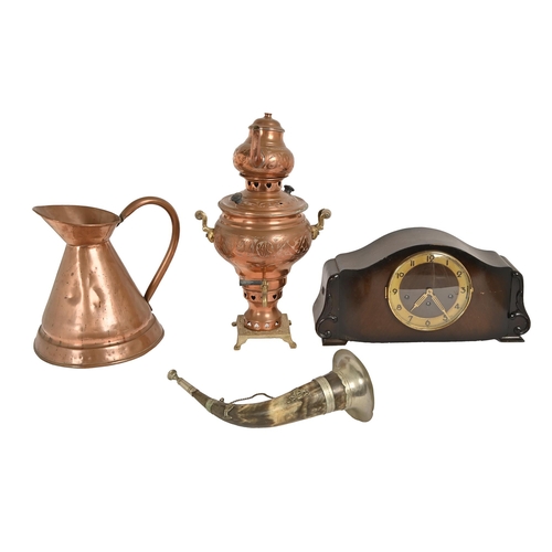 870 - A Victorian copper haystack measure, an engraved brass mounted copper samovar, a 1930s mantle clock ... 