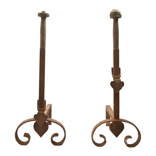 872 - A pair of Victorian adjustable andirons, on incurved wrought iron front legs, brass ball finials, 70... 