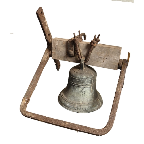 876 - A bronze school bell, 19th c, dated 1814, in original iron and timber bracket, 28cm x 30cm... 