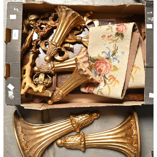 902 - One pair and a set of three giltwood and composition wall brackets, 34cm and 22cm l, miscellaneous o... 