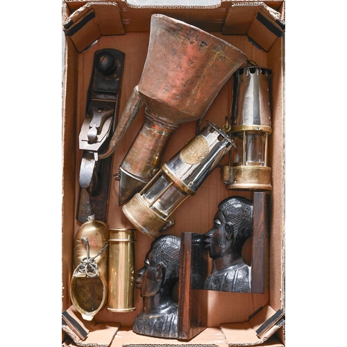 906 - Miscellaneous metalware, including a pair of Eccles Protector miners' lamps, early 20th c, 23cm h, a... 