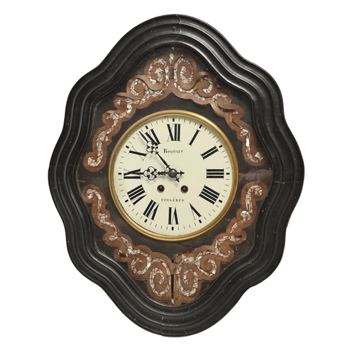 908A - A French ebonised comptoise wall clock, Bouquain Fougeres, late 19th c, with painted dial 62cm h... 