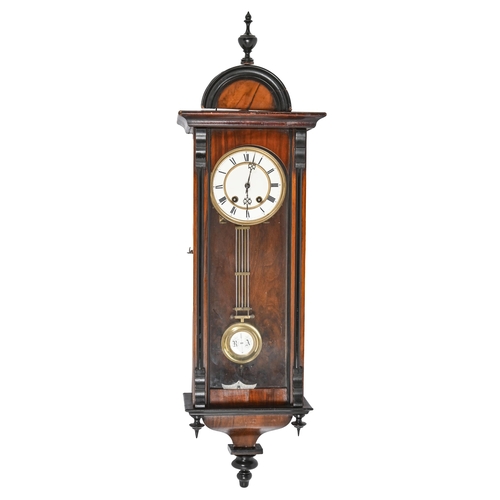 909 - A walnut and ebonised Vienna wall clock, with gilt metal mounted enamelled dial and chapter ring, pe... 