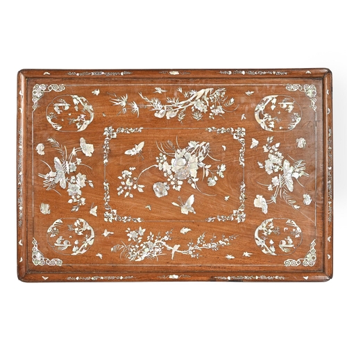 910 - A Chinese hardwood tea tray, early 20th c, inlaid in mother of pearl with butterflies and  birds, fl... 