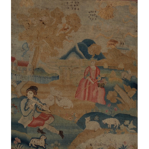 915 - A Victorian needlework picture, of shepherds and their flock, framed, 57cm x 49cm, and a later wool ... 