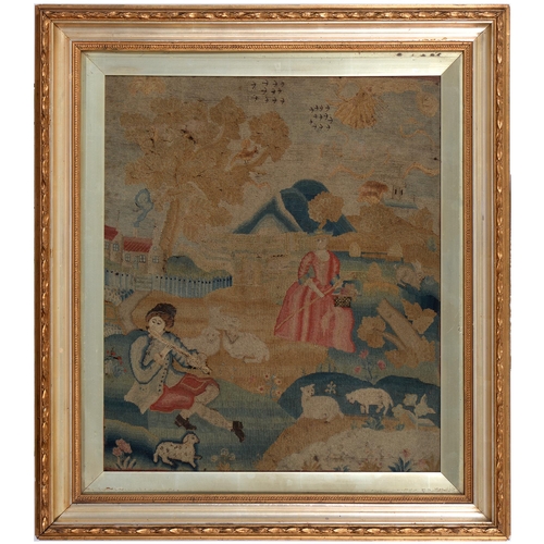 915 - A Victorian needlework picture, of shepherds and their flock, framed, 57cm x 49cm, and a later wool ... 