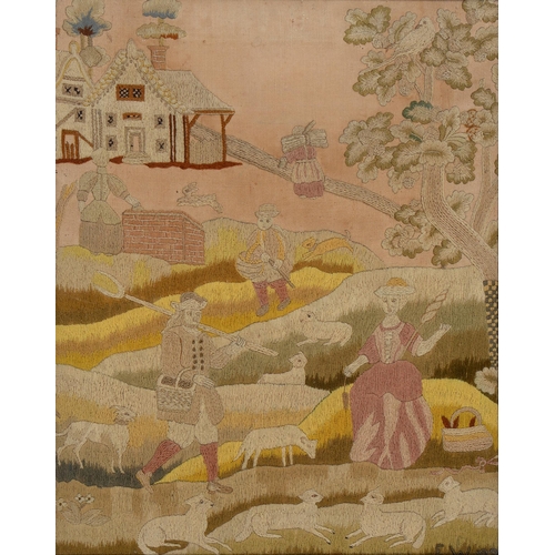 915 - A Victorian needlework picture, of shepherds and their flock, framed, 57cm x 49cm, and a later wool ... 