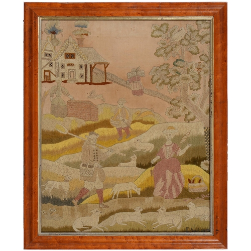 915 - A Victorian needlework picture, of shepherds and their flock, framed, 57cm x 49cm, and a later wool ... 